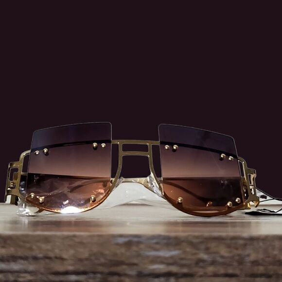Womens Oversized Large Hexagonal Gold-Toned Brown Tinted Sunglasses main image 10
